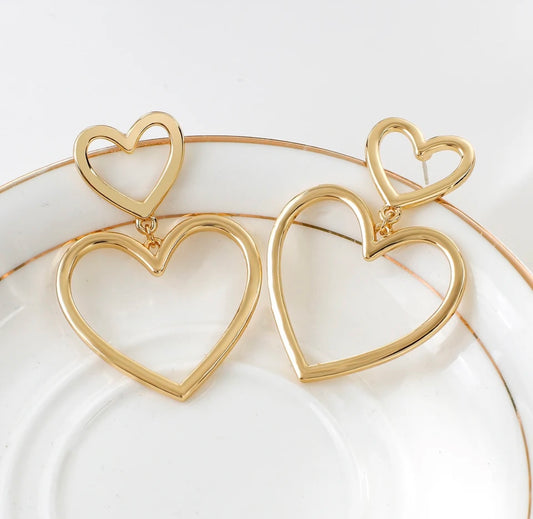 Gold 2 Heart Dangle Earrings