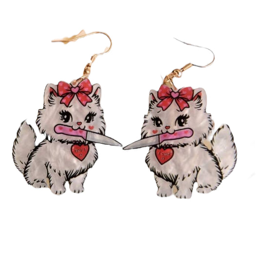Kitty Cat Stabbing Dangle Earrings