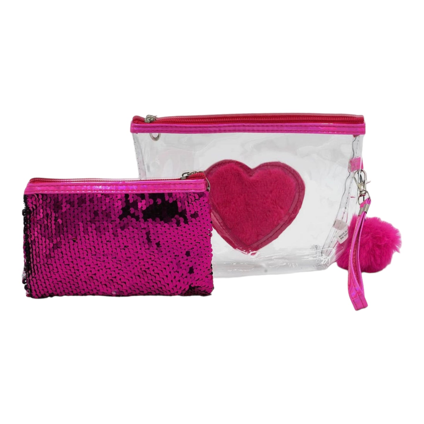 Make up clutch 2 piece sequin fur clear bag