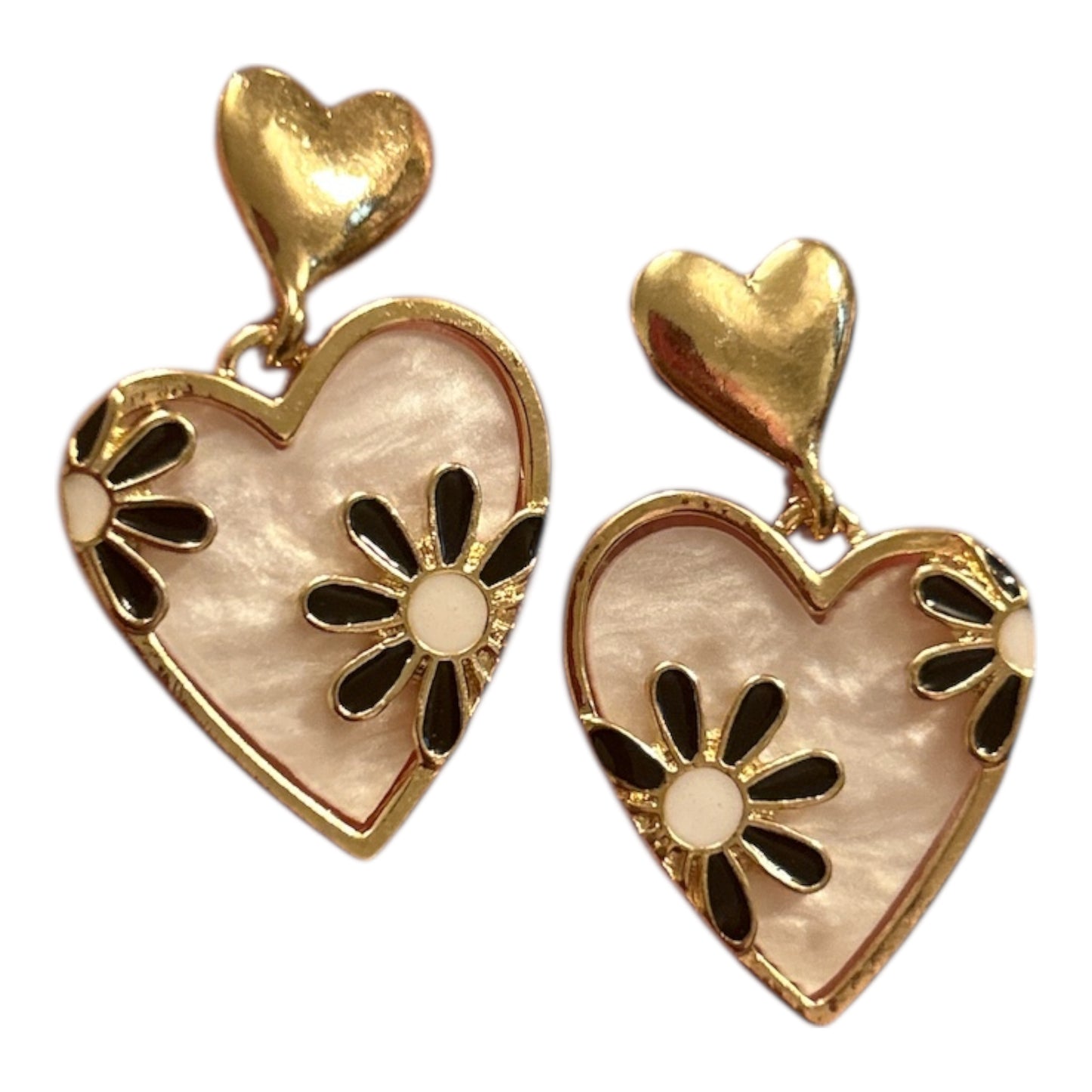 Black Flower Pearlescent Heart Earrings