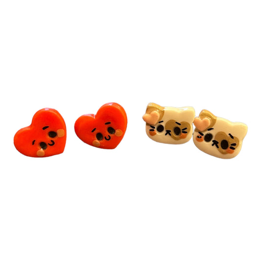 Aii Craft Handmade Cat and heart 2 pack stud earrings