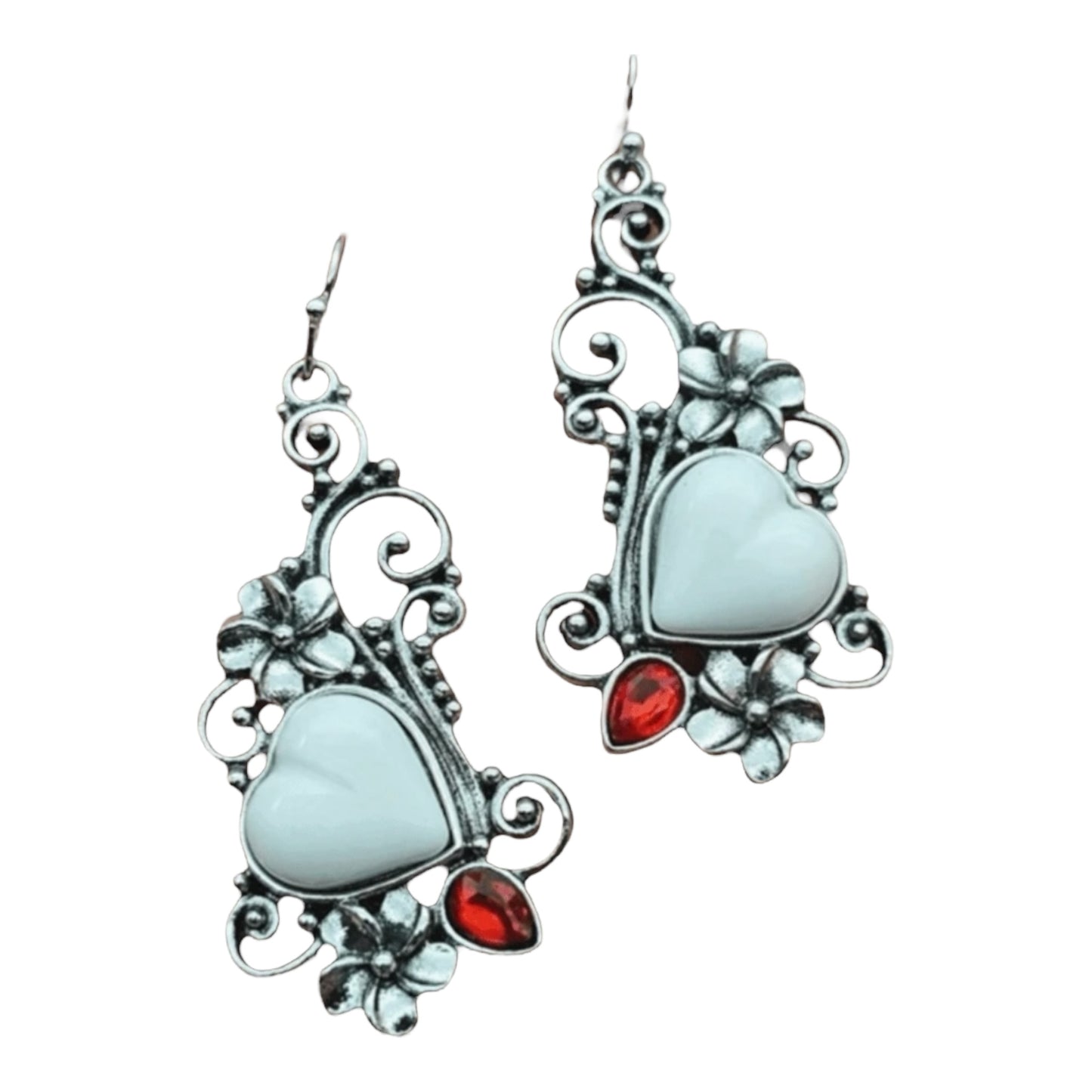 White and Red Heart Earrings