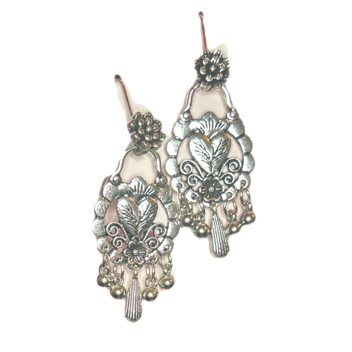 Bohemian silver floral heart earrings