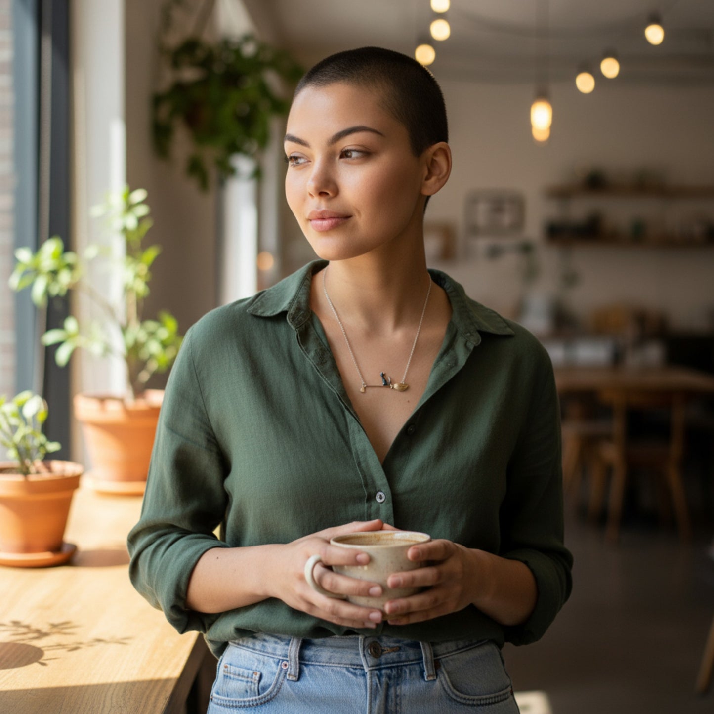 Woman holding a mug in a cozy indoor setting with plants and warm lighting.