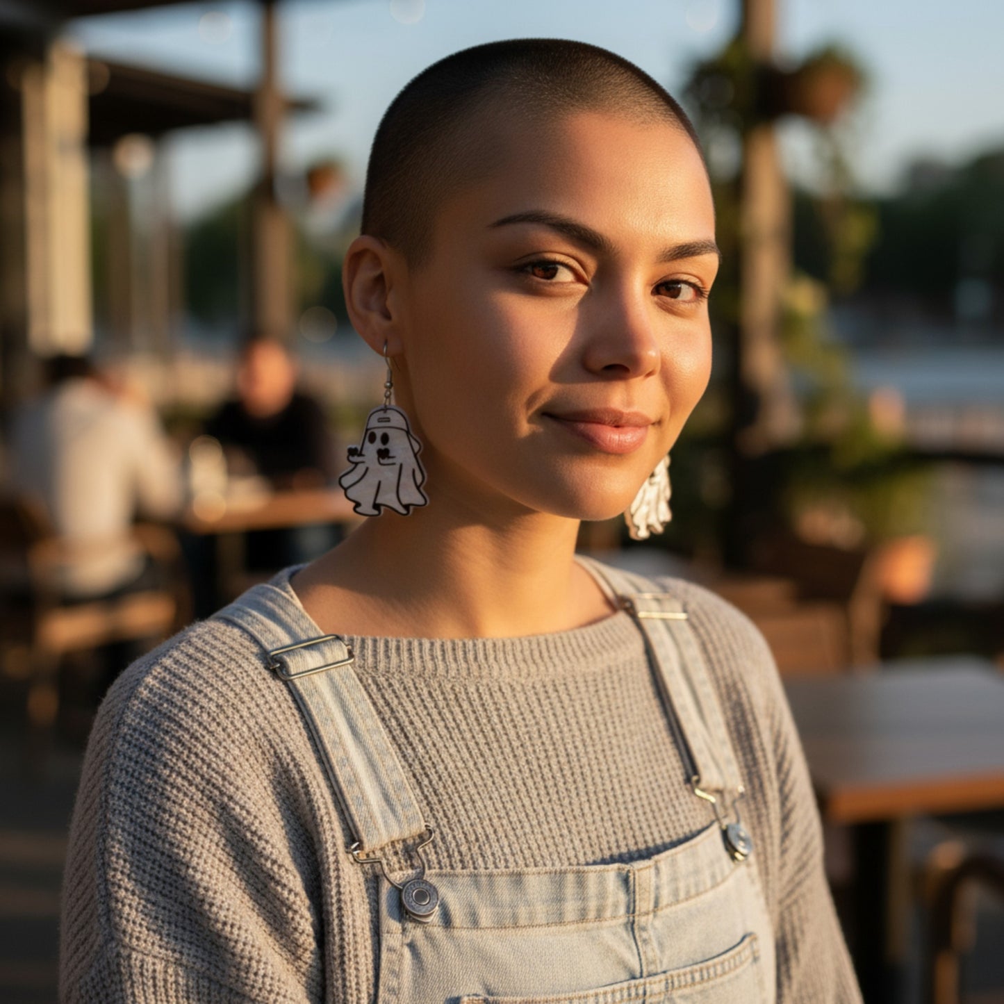 Woman wearing overalls with a blurred outdoor background and ghost earrings