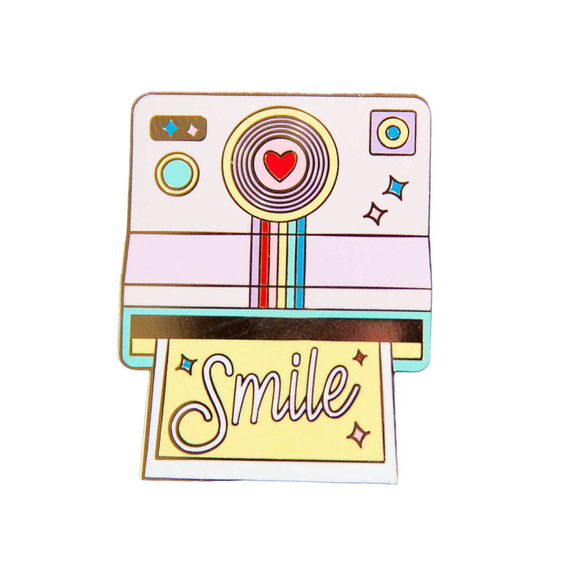 Rainbow Polaroid camera smile enamel pin
