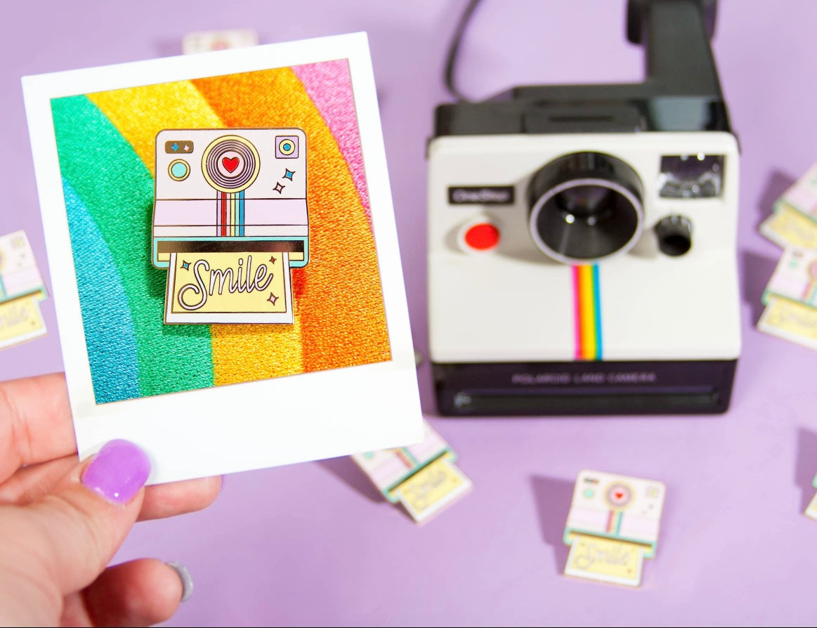 Rainbow Polaroid camera smile enamel pin