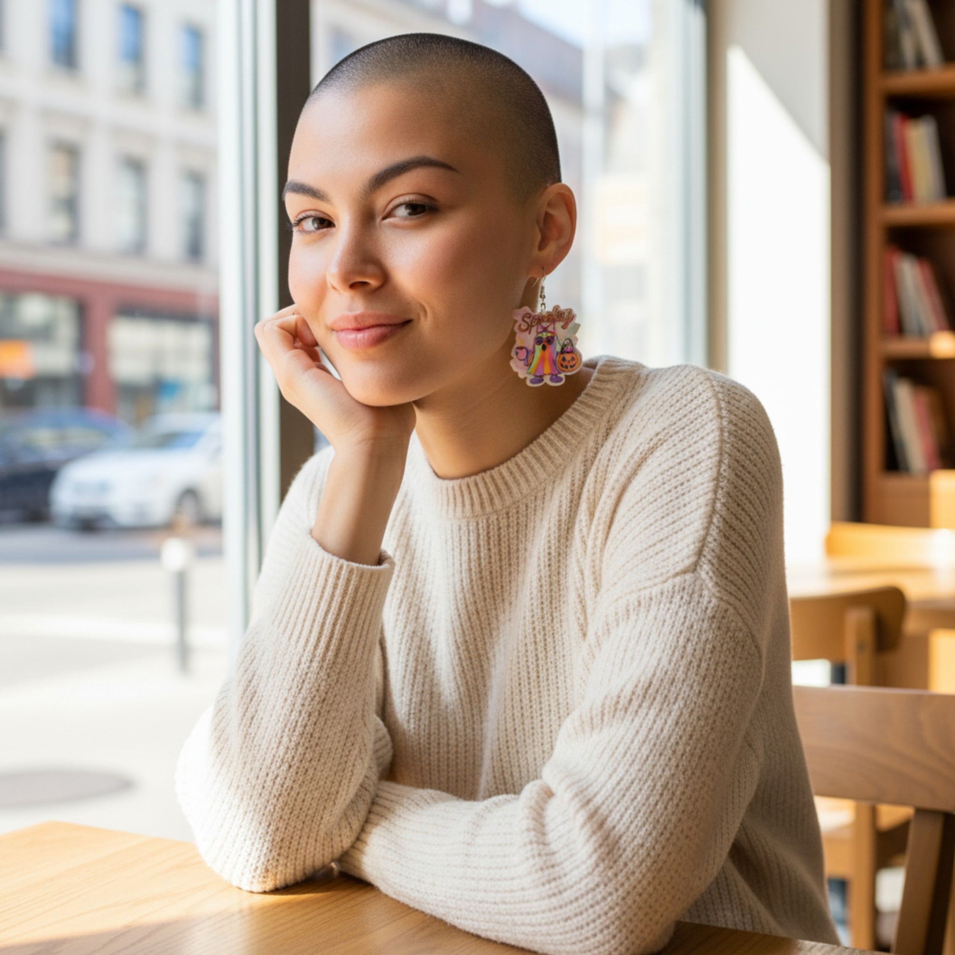 Woman sitting at a table in a cafe with a cityscape background and cute spooky ghost earrings