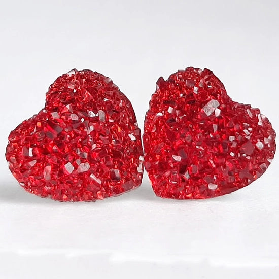 Red Crystal Druzy Heart Stud Earrings