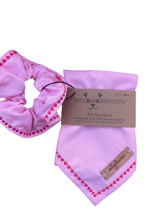 Pink Embroidered Heart Bandana with Matching Hair Scrunchie