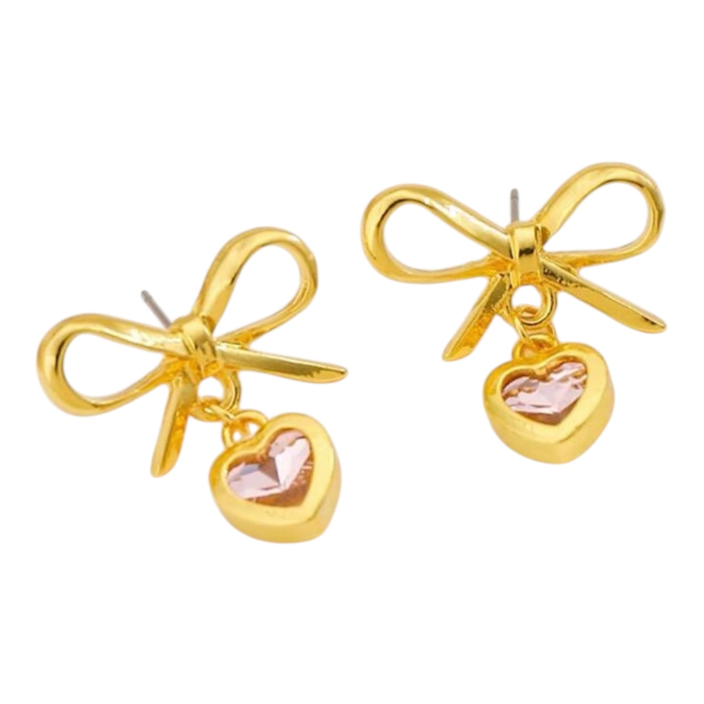 Pink Crystal Hear and Bow Earrings