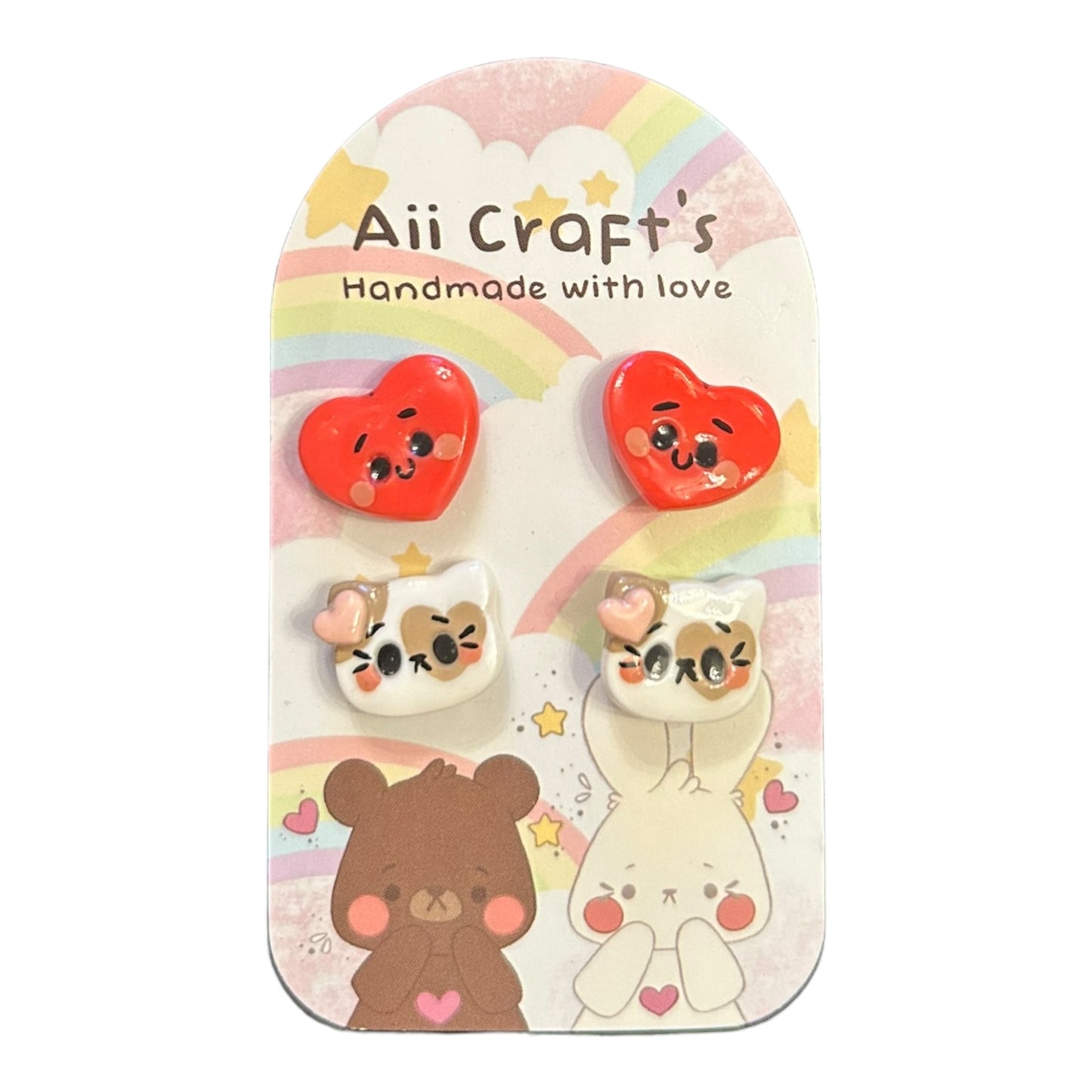 Aii Craft Handmade Cat and heart 2 pack stud earrings
