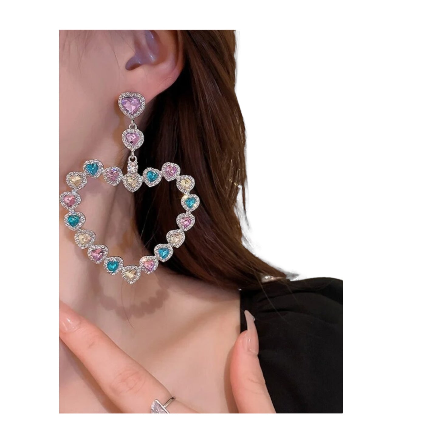 Big multi color rhinestone heart earrings