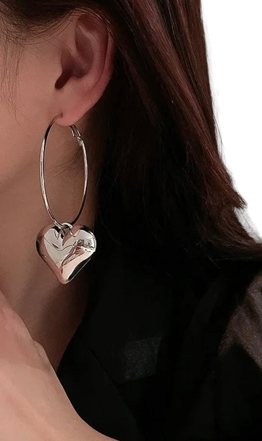 Silver Heart Charm Hoop Earrings
