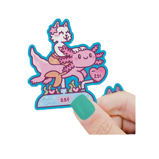 Purrmaid Kitty and Axolotl Coin Ride Vinyl Sticker