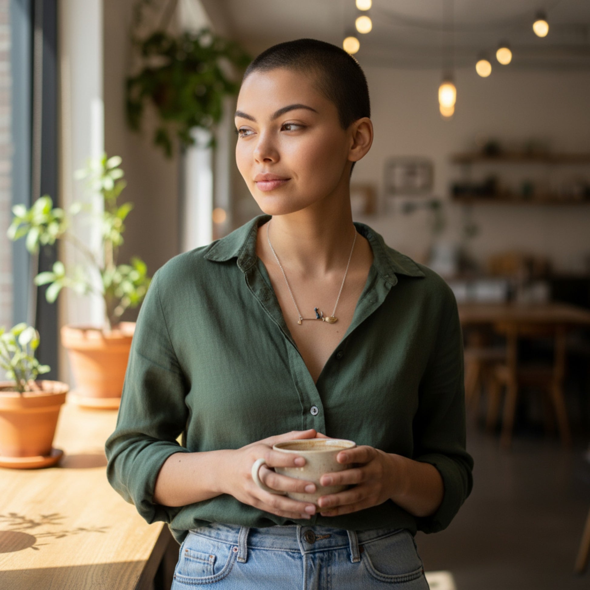 Woman holding a mug in a cozy indoor setting with plants and warm lighting.